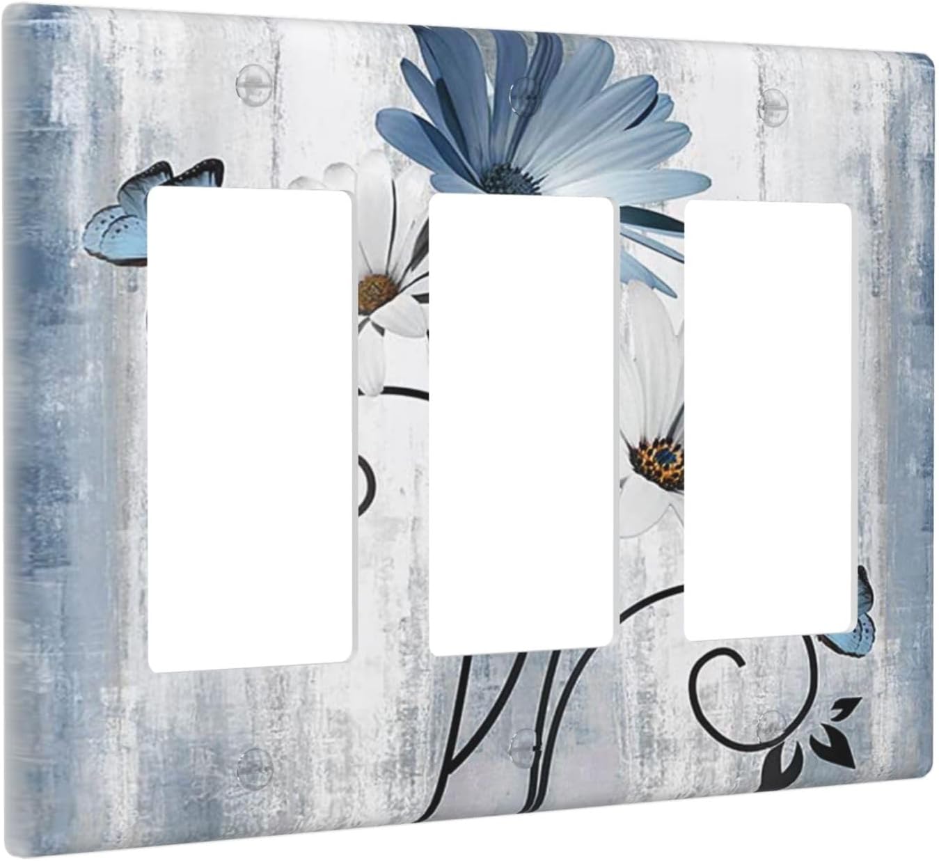 Decorative Outlet Covers Rustic Blue White Daisy Ink Flower 3 Gang Light Switch Cover Plate Triple Rocker Wall Plates for Electrical Outlets Switch Plate Covers for Bedroom Home Decor