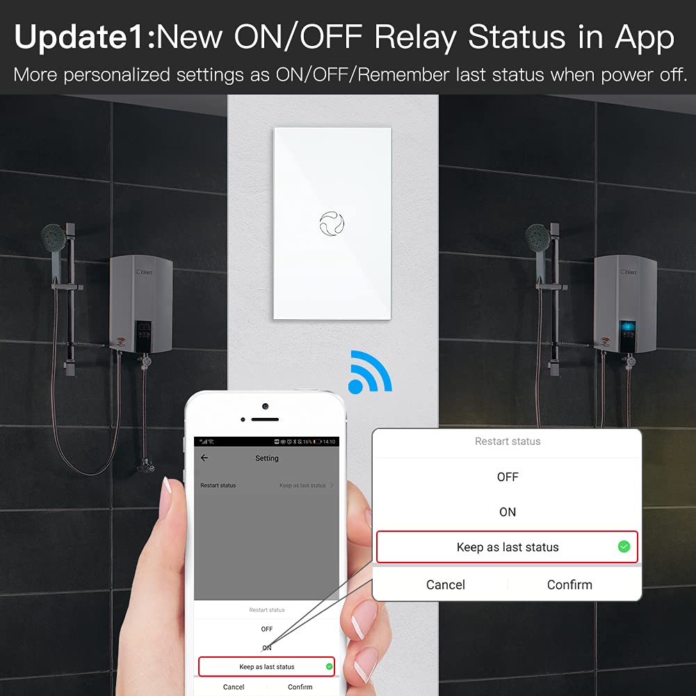 MOES Smart Water Heater Switch, 20A Water Heater Touch Switch Suitable for Bedroom, Work with Alexa, Google Assistant, 2.4GHz WiFi Glass Switch with Smart Life APP Control and Timing Function, White