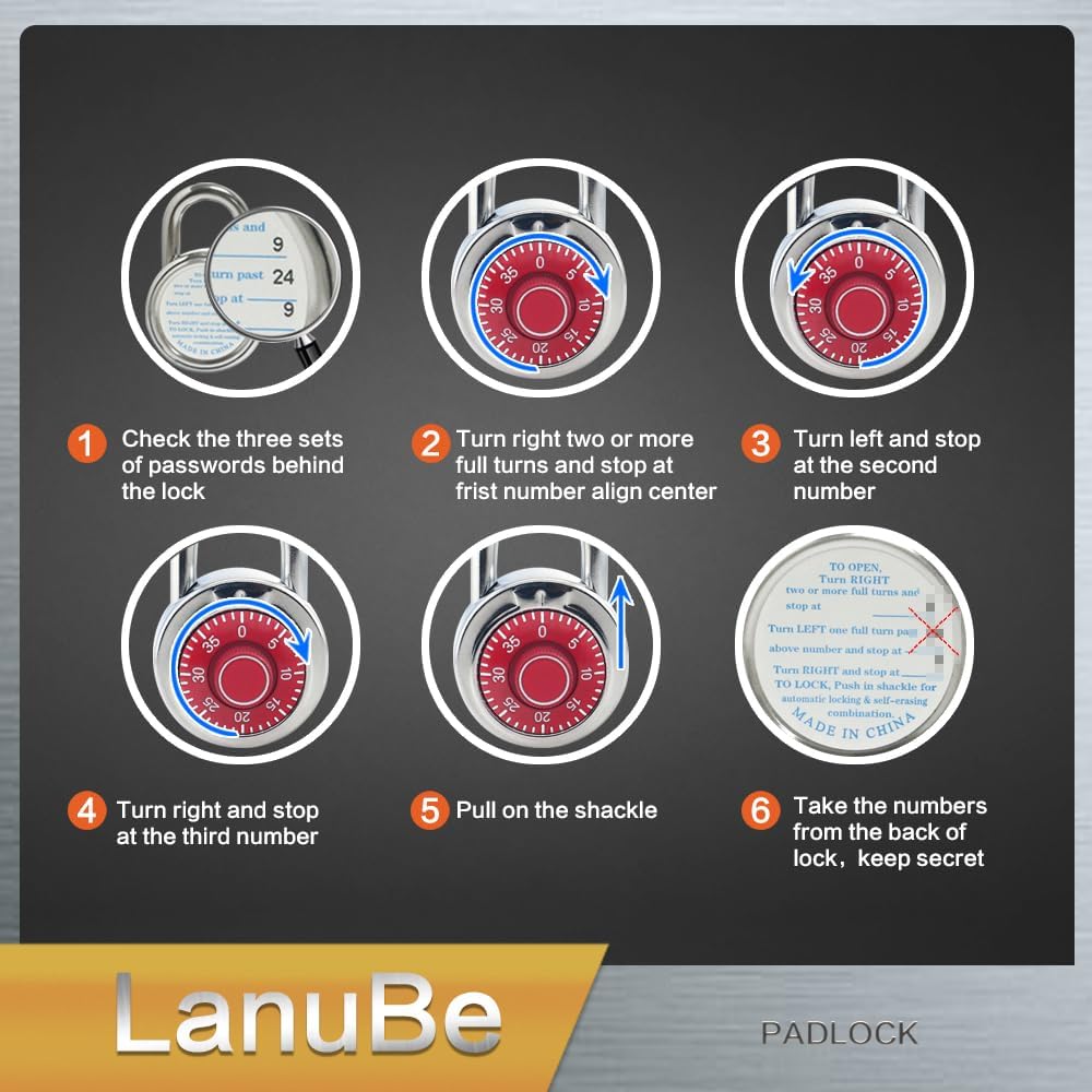 LanuBe Standard Dial Combination Lock, 2 inches. Wide, with Different Combinations, Red Turnplate, Pack of 12; Lock for School, Employee, Gym Sports Locker, Case, Toolbox