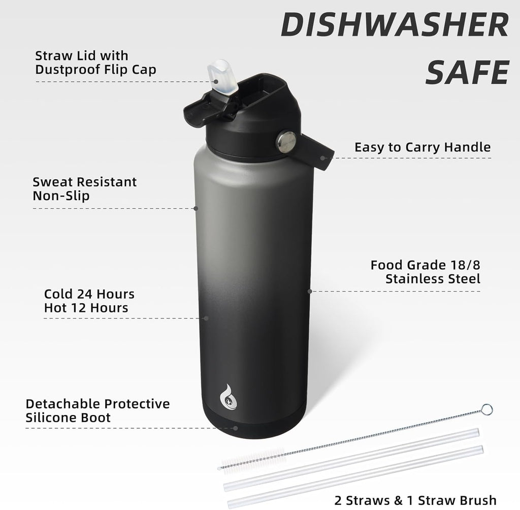 BJPKPK Insulated Water Bottle with Straw Lid, 40oz Large Thermo, BPA Free Leak Proof Stainless Steel Metal Water Bottles, Tumblers, Cups, Flasks for Travel, Sports,Black Grey