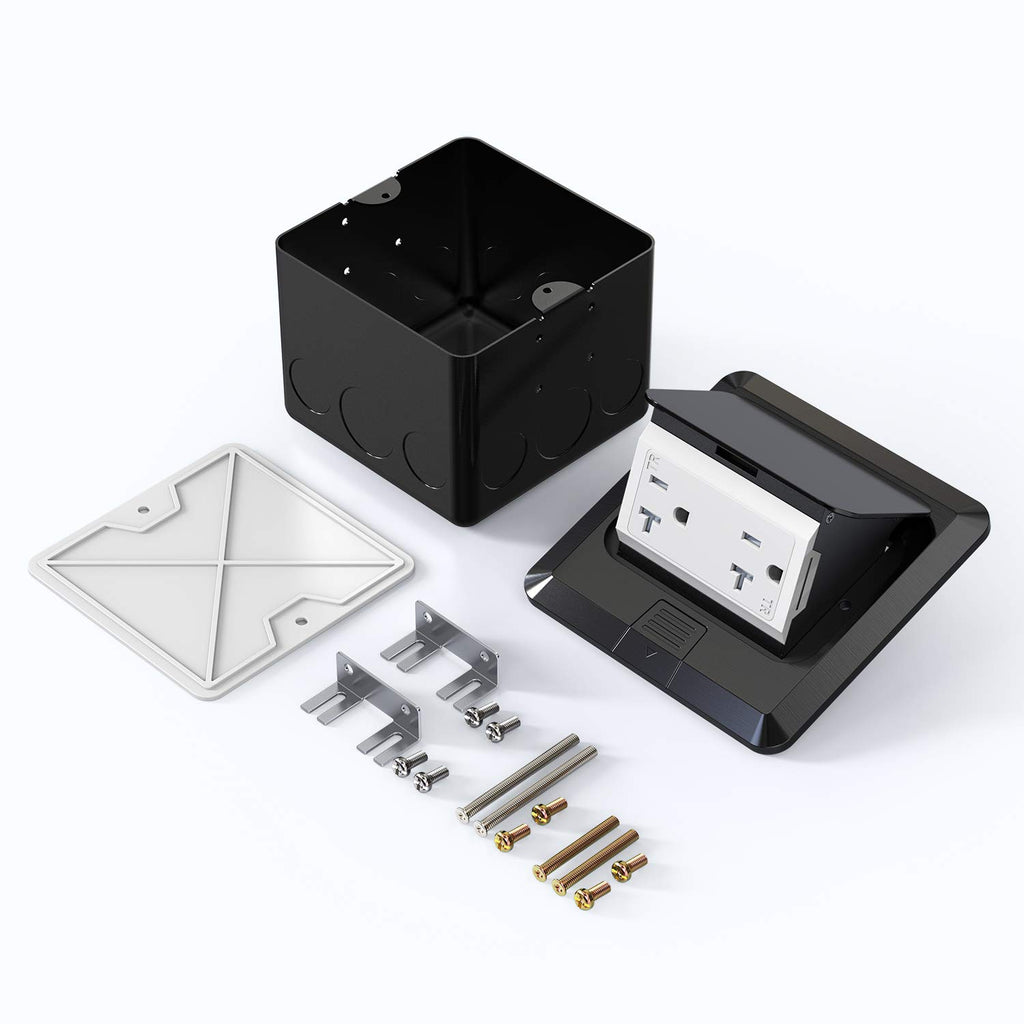 KYHSHJ Pop Up Floor Electrical Outlet Box Kit，20 Amp Stainless Steel TR Tamper-Resistant Duplex Receptacle Outlet， Corrosive Resistant Hardware，ETL Listed, Black