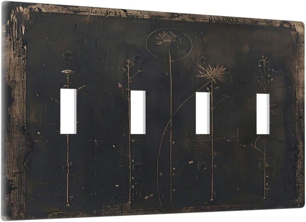 Light Switch Cover Plate Black And White Dandelion Art Vintage Wood Grain 4 Gang Quad Toggle Wall Plate Electrical Outlet Cover Decorative Switch Plate Covers for Farmhouse Cabin Decor