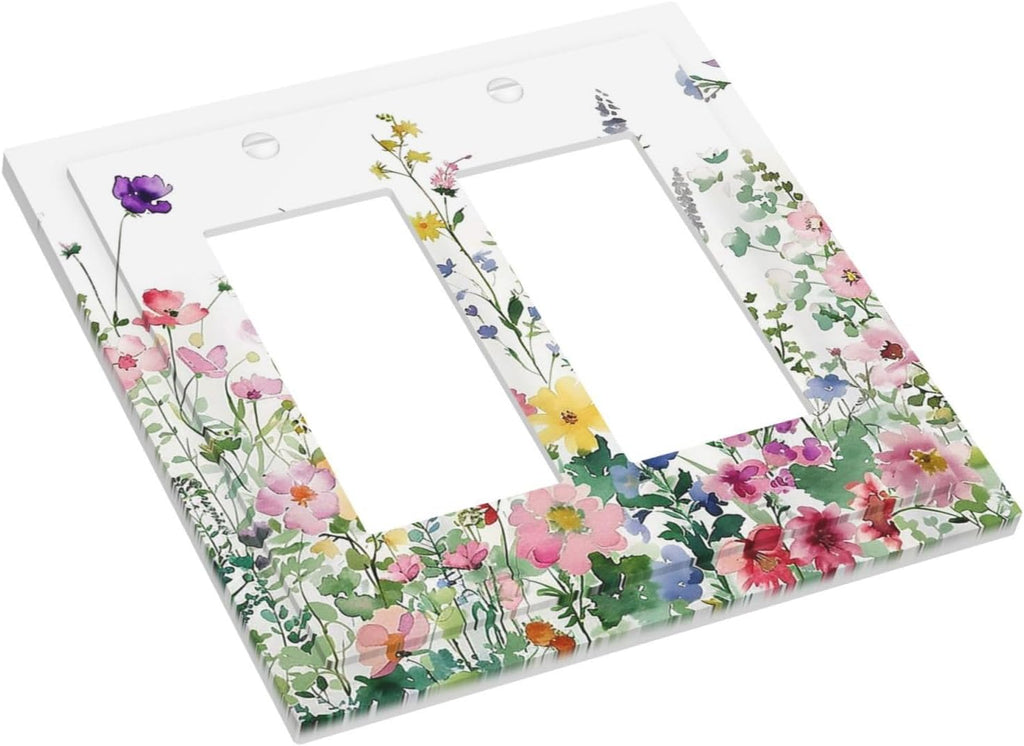 Decorative Outlet Covers Boho Colorful Flowers Plant Rustic Wildflower 2 Gang Double GFCI Rocker Electrical Wall Panels Light Switch Cover Plate for Bed Room Bathroom Decor