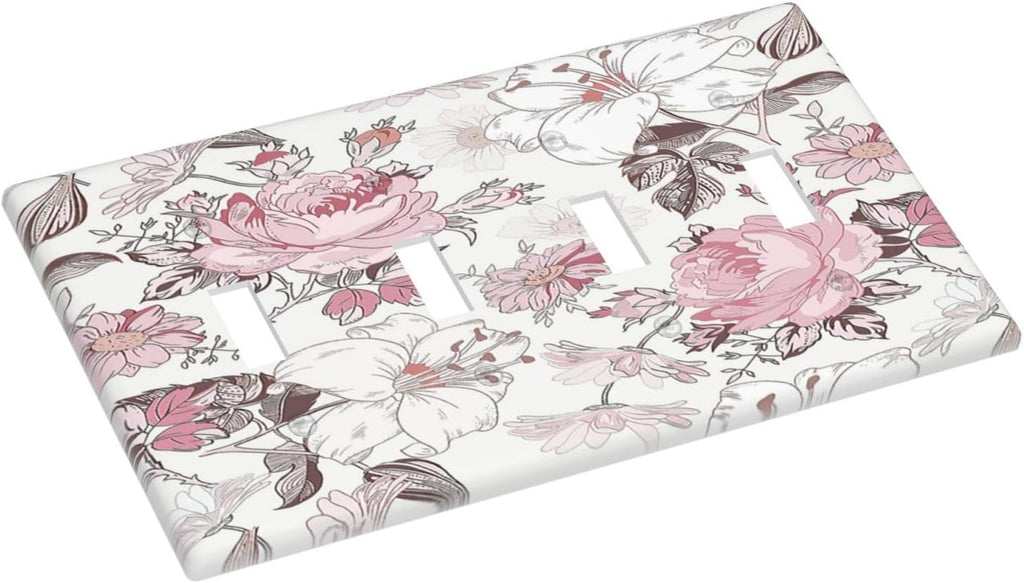 Light Switch Covers Modern Watercolor Flower Pink White Wildflower Quad Toggle 4 Gang Wall Plate Electrical Faceplate Decorative Switch Plates for Bedroom Home Decor