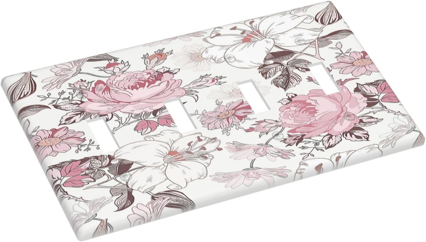 Light Switch Covers Modern Watercolor Flower Pink White Wildflower Quad Toggle 4 Gang Wall Plate Electrical Faceplate Decorative Switch Plates for Bedroom Home Decor