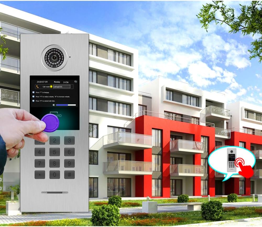 Video Intercom System 5/6/7/8 Unit Wired 7 Inch IP Video Intercom Phone for Apartment Building Security Home Access Control System with Digital Keypad and IC Card (for 8 Family)