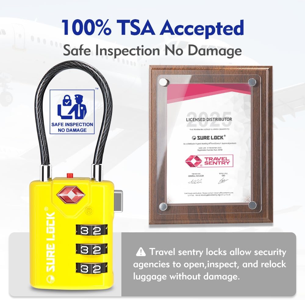 SURE LOCK TSA Compatible Travel Luggage Locks, Inspection Indicator, Easy Read Dials TSA Approved with Zinc Alloy (2, Yellow)