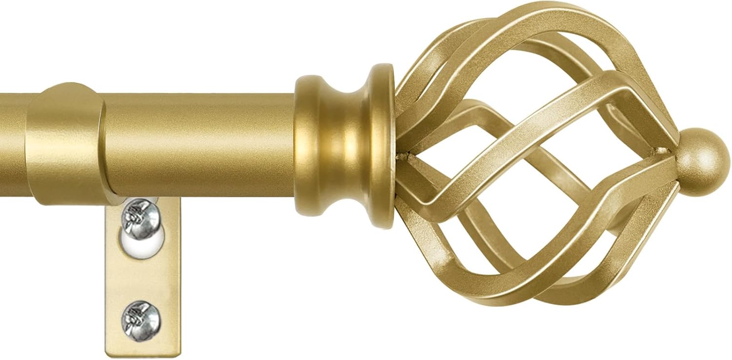 KAMANINA Gold Curtain Rods for Windows 72 to 144 Inch, Long Curtain Rod 32 to 144 Inches (2.6-12ft), 6/8 In Splicing Adjustable Single Drapery Rod with Twisted Cage Finial