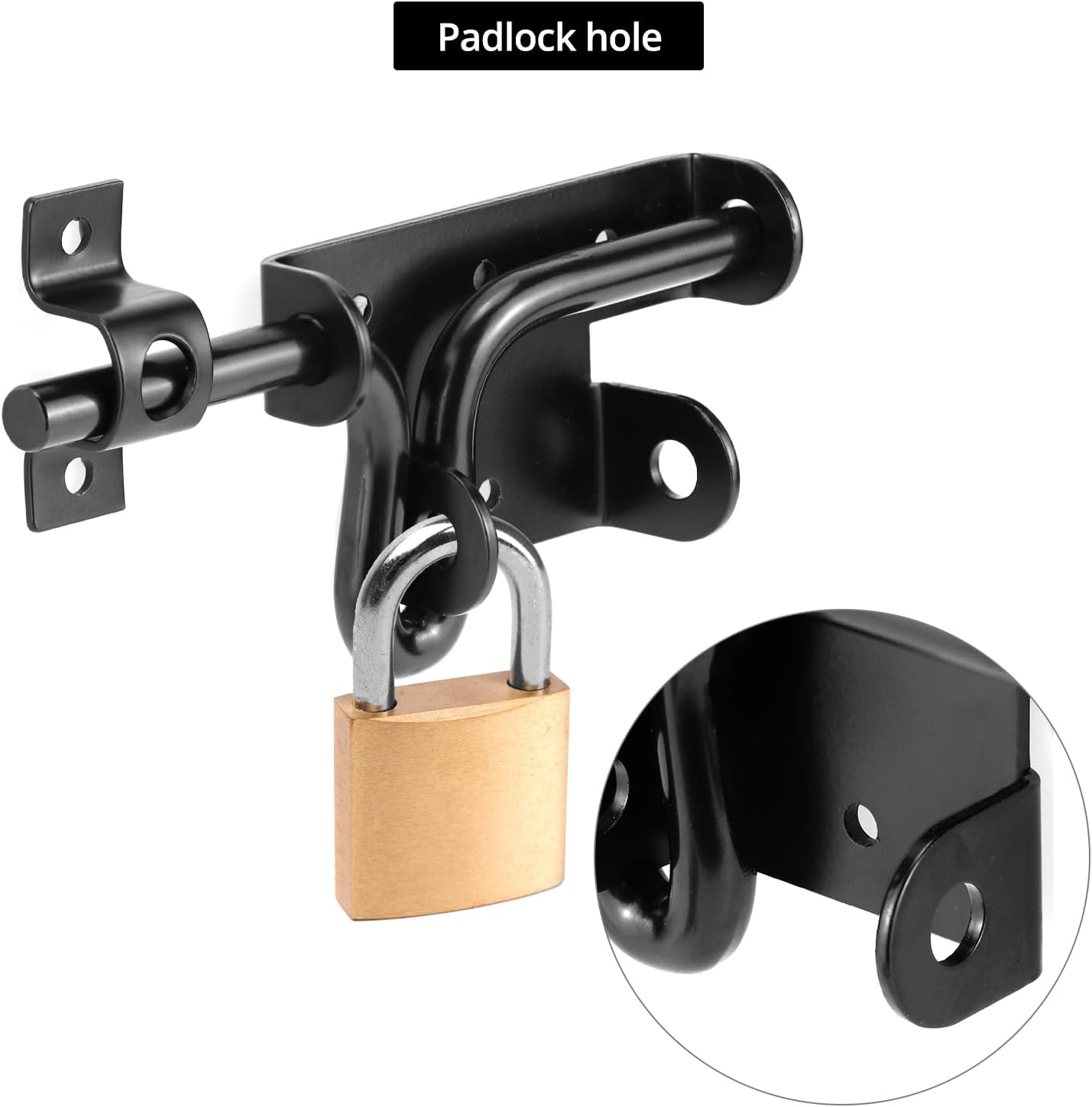 QWORK Slide Bolt Gate Latch, Heavy-Duty Gate Lock with Padlock Hole for Wooden Vinyl Fence Barn Doors – 6-3/8" Black, 2 Pack