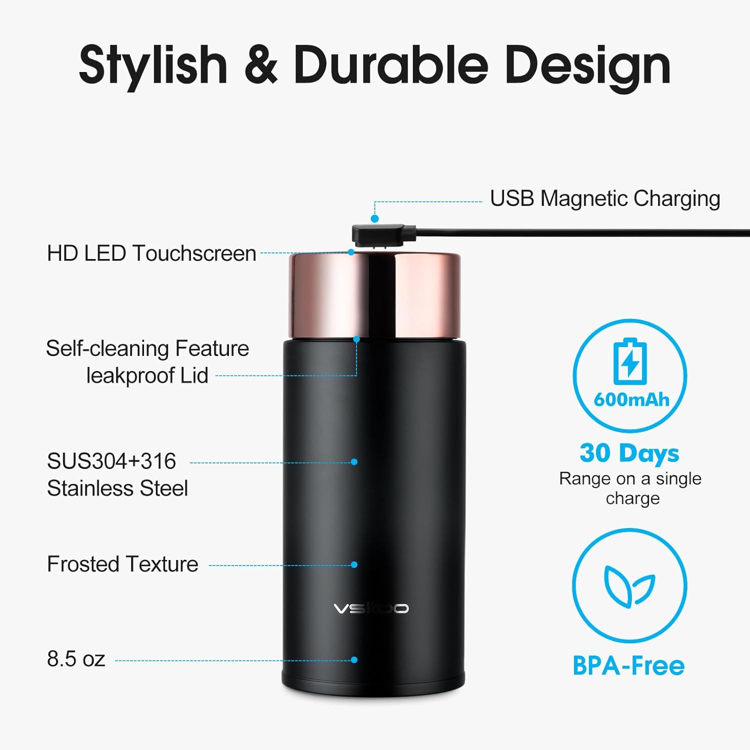 Vsitoo Smart self cleaning Insulated Water Bottle, 8.5oz Stainless Steel Vacuum Flask, AI Self-Clean, 30-Day Battery Life, BPA-Free, Magnetic Charging, Portable Travel Mug Gifts for Men Women, Black