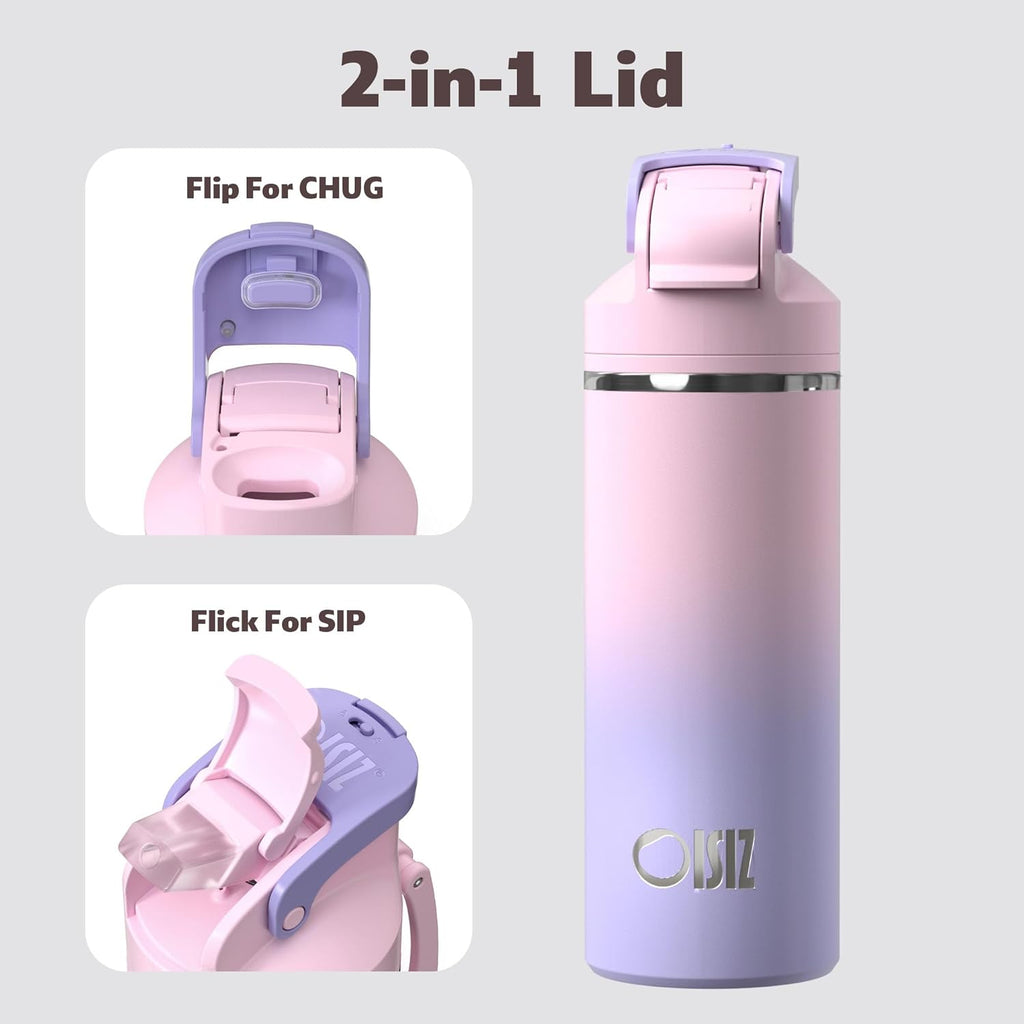 OISIZ Insulated Water Bottle 20 oz with 2 in 1 Spout and Straw Lid,One Click Safety Lock,100% Leakproof,Keep Cold 24H,Vacuum Stainless Steel Water Bottle for School,Travel and Sports,Dishwasher Safe