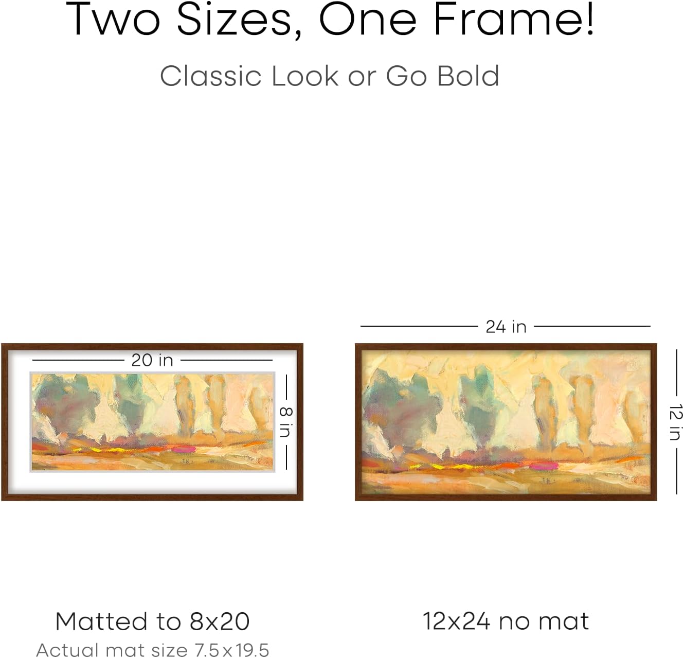 Homeforia 12x24 Picture Frame Brown, High End Dark Oak 12x24 Walnut Wood Poster Frame with Mat 8x20 Print, 12 x 24 Wooden Frame Matted to 8 x 20 Photo, 24x12 Frames, Tempered Glass, Wall Kit, Set of 1