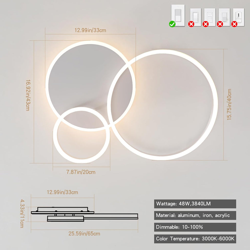O'NEELDY Modern 3 Ring LED Chandelier Lamp Fixture White 25.59''Dimmable Acrylic Flush Mount Ceiling Lights with Remote Control Ideal for Small Room, Kitchen, Bedroom
