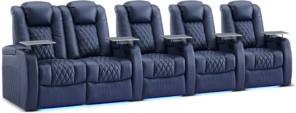 Weilianda Home Theater Seating Top Grain Leather Zero Gravity Recliner Chair Power Headrest Recline Movie Seat Gaming 7 Colors Mood Light Sofa with Tray Table USB Charge Row of 5 Loveseat Left Blue