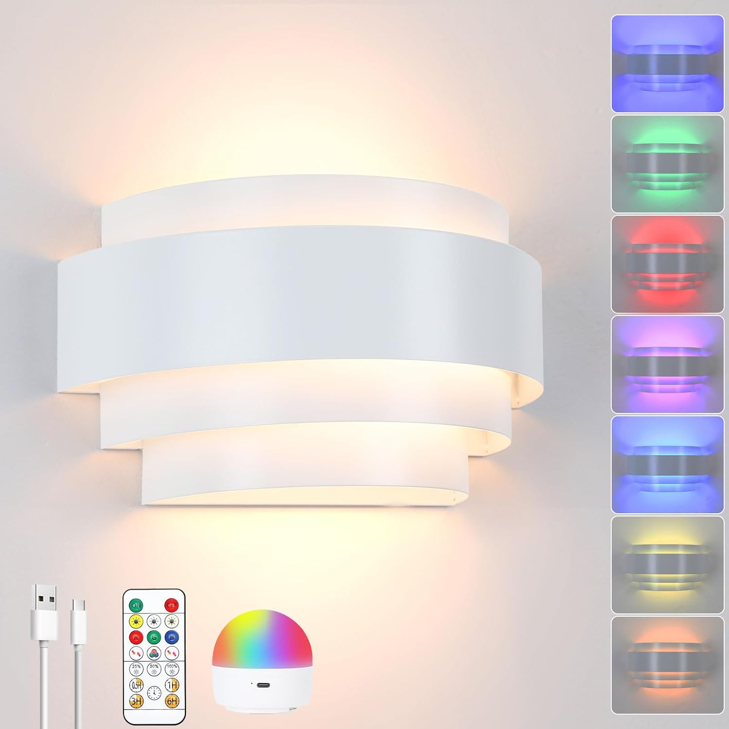 Lightess Battery Operated Wall Sconces with Remote Control, Dimmable Sconce Wall Light, Indoor Cordless Wall Lamp with Rechargable Bulb for Living Room Bedroom, White