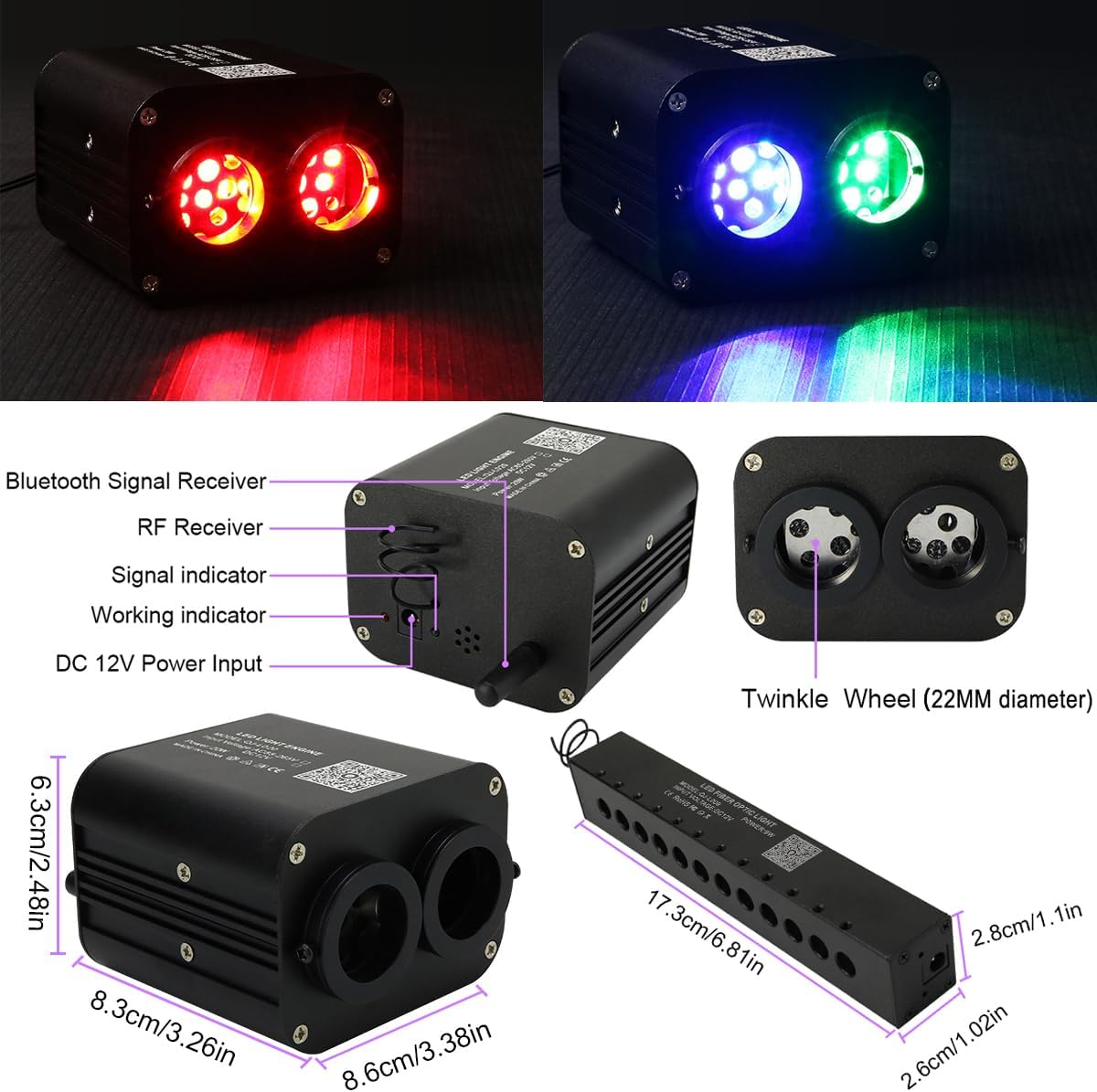 AZIMOM Dual Color 20w Twinkle Fiber Optic Starlight Headliner Kits 600pcs 0.03in 9.8ft, RGB Meteor Shooting Star, Sound Activated Remote APP Control Home Car Ceiling Décor