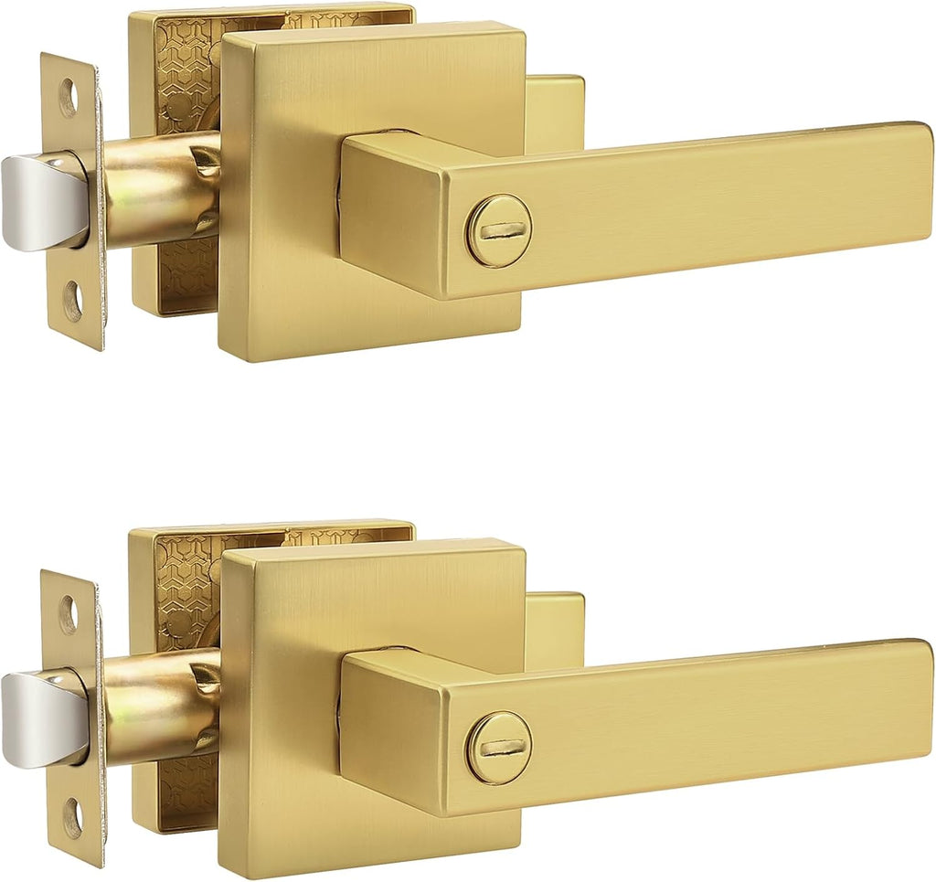 Probrico Heavy Duty Flat Gold Door Handles Square Privacy Interior Door Levers Bedroom and Bathroom Door Handles Keyless Bed/Bath Lockset (2 Pack)