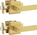 Probrico Heavy Duty Flat Gold Door Handles Square Privacy Interior Door Levers Bedroom and Bathroom Door Handles Keyless Bed/Bath Lockset (2 Pack)