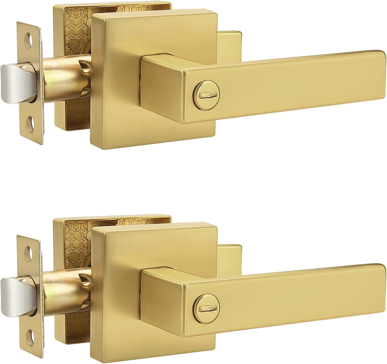 Probrico Heavy Duty Flat Gold Door Handles Square Privacy Interior Door Levers Bedroom and Bathroom Door Handles Keyless Bed/Bath Lockset (2 Pack)