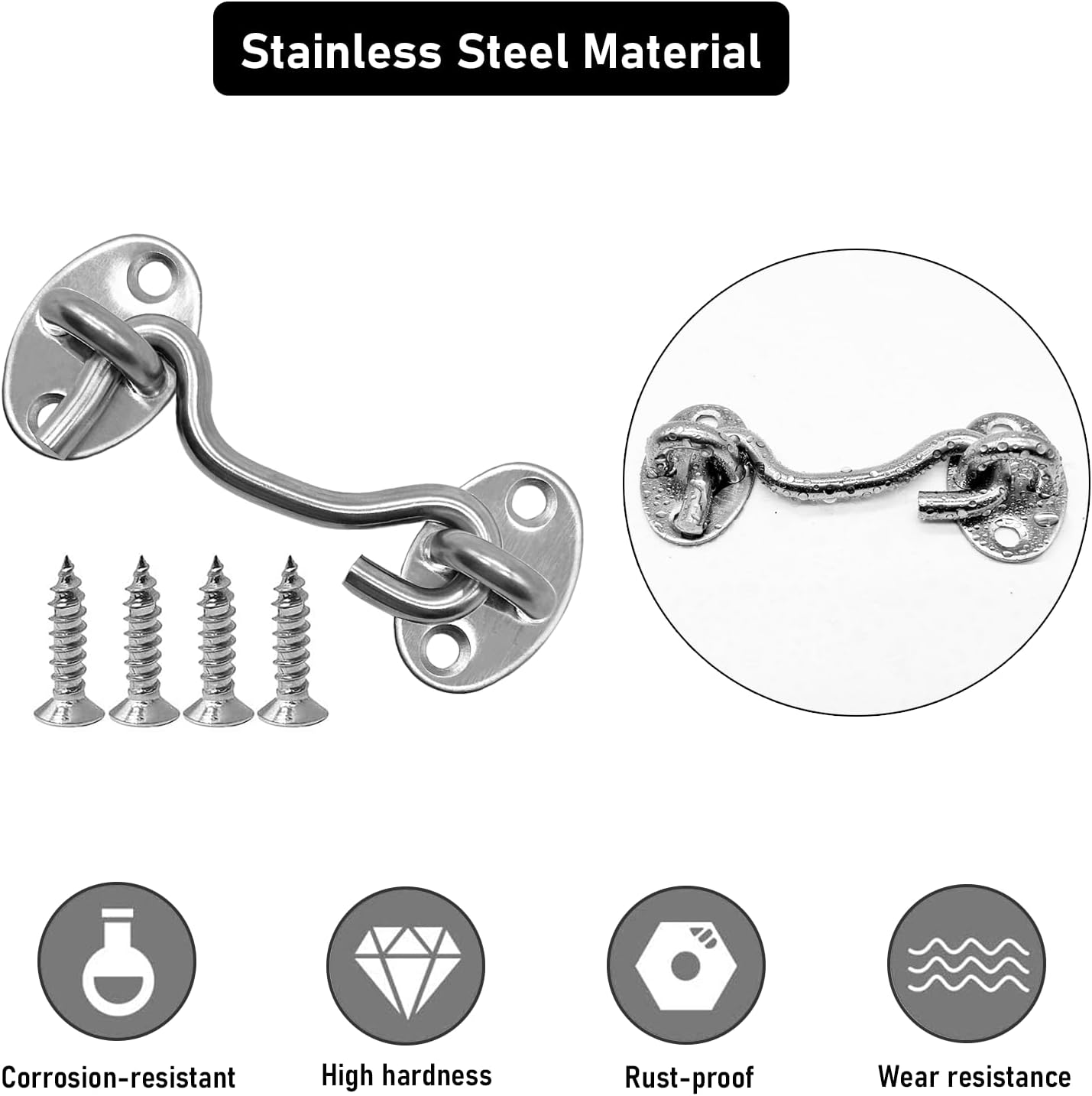 4-Pack 3Inch Door Lock Gate Latch Premium Stainless Steel Hook and Eye Gate Latch Cabin Hook with 16pcs Screws, Silver