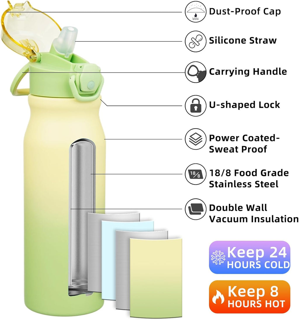 BJPKPK Stainless Steel Insulated Water Bottle with Straw Lid 25oz Reusable Metal Thermal Flask Bottles Keep Cold and Hot,Lime
