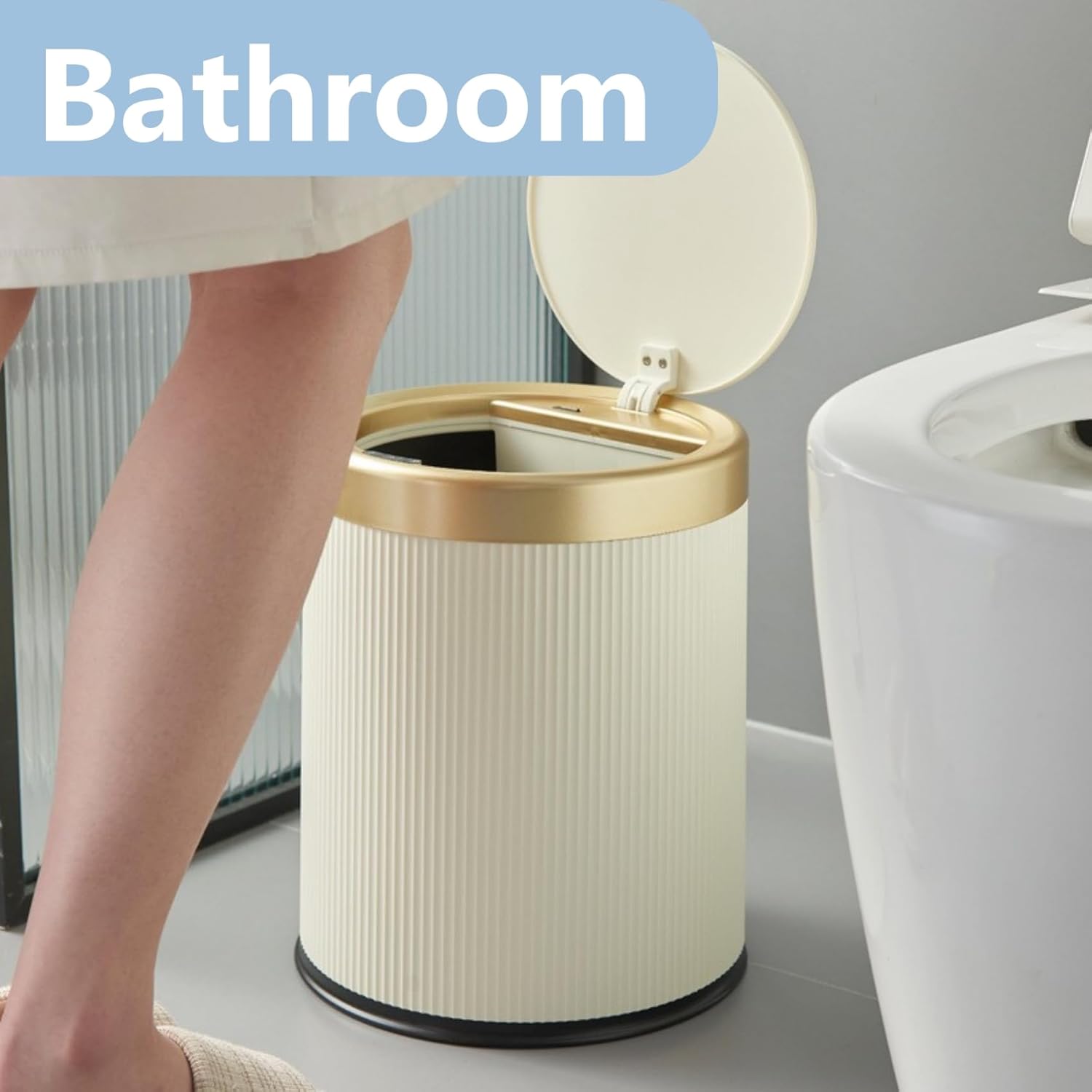 URALFA 2Pack Bathroom Trash Can with Lid, Small Garbage Can Dog Proof, Plastic Waste Basket with Pop-up Lid for Toilet, Office, Bedroom, Living Room, 2.8 Gallon + 3.7 Gallon (Cream White)