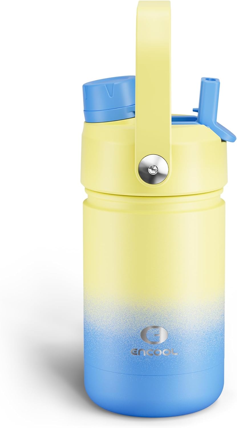 Kids Insualated Water Bottle with Straw - 12oz Stainless Steel Water Bottle with Dual Spouts, Leak-Proof, BPA-Free, Double Wall Vacuum Keeps Cold for 24 Hours for Sports, Travel, School (Soft Lagoon)