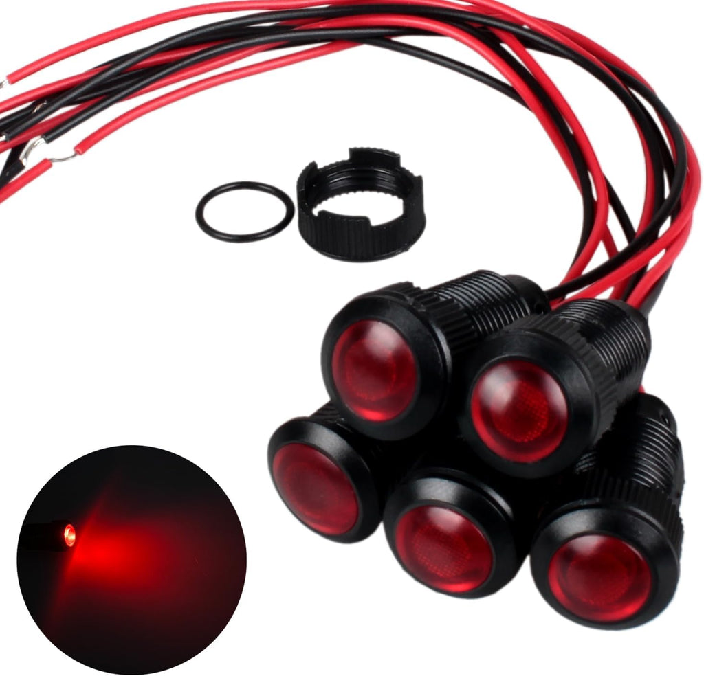 5pcs 12mm LED Indicator Light Plastic Black Signal Dot Lamp 110-220V AC 1/2 inches Mounting Hole Size with 15cm/5.9in. Wire (Red LED)