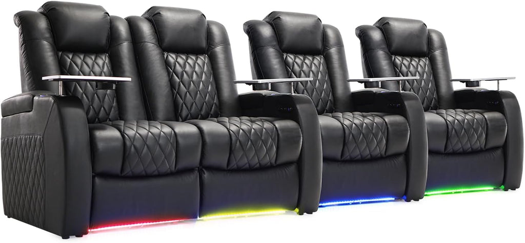 Weilianda Home Theater Seating Top Grain Leather Zero Gravity Recliner Chair Power Headrest Recline Movie Seat Gaming 7 Colors Mood Light Sofa with Tray Table USB Charge Row of 4 Loveseat Left Black