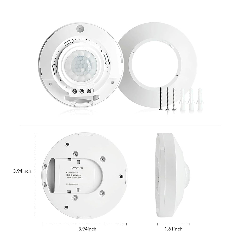 RAYZEEK DC 12/24V 10A Low Voltage Ceiling Sensor Pir Occupancy Motion Detector,360 Motion Sensor,8-12M High Sensitive Ceiling Motion Sensor Switch, Commercial/Industrial Grade, White
