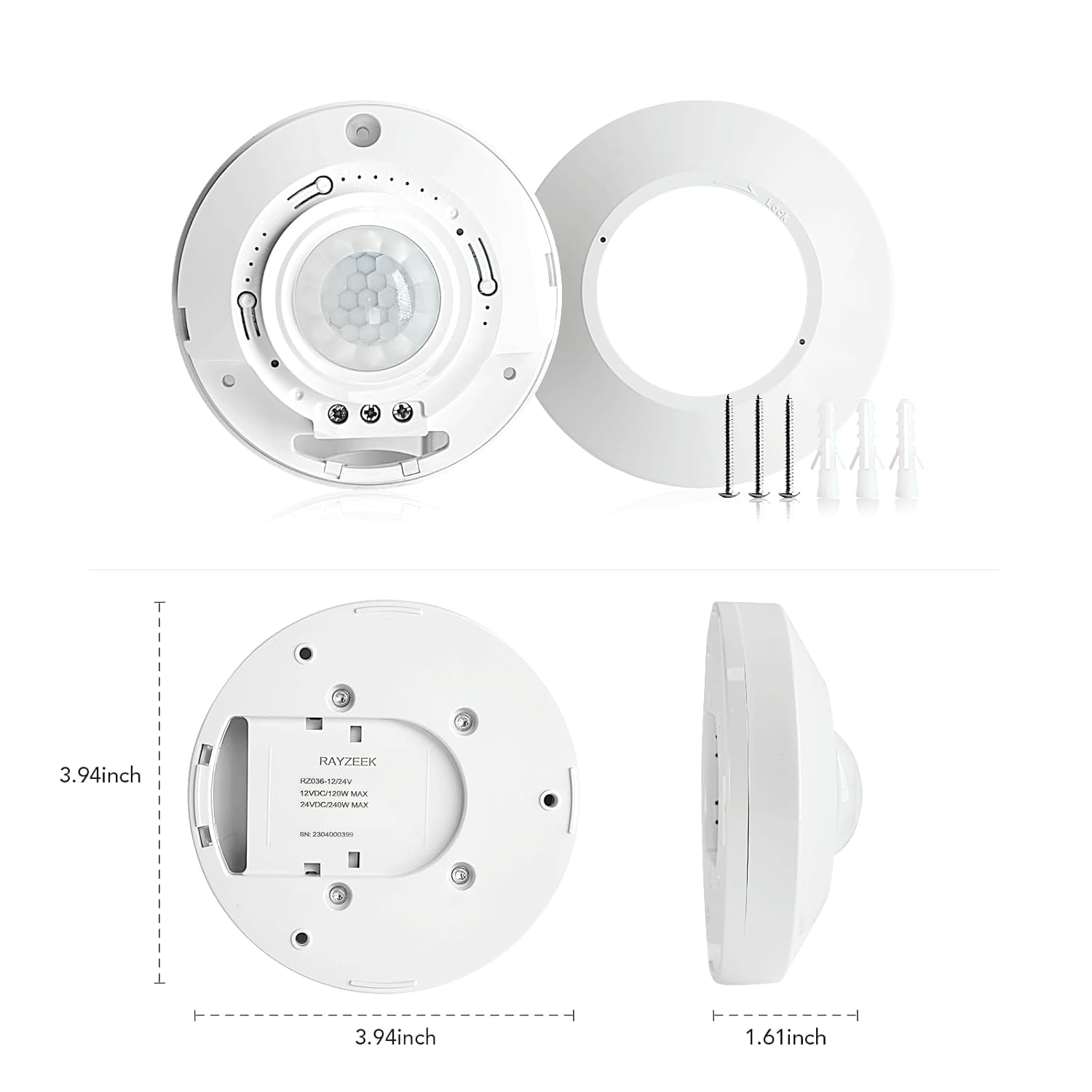 RAYZEEK DC 12/24V 10A Low Voltage Ceiling Sensor Pir Occupancy Motion Detector,360 Motion Sensor,8-12M High Sensitive Ceiling Motion Sensor Switch, Commercial/Industrial Grade, White