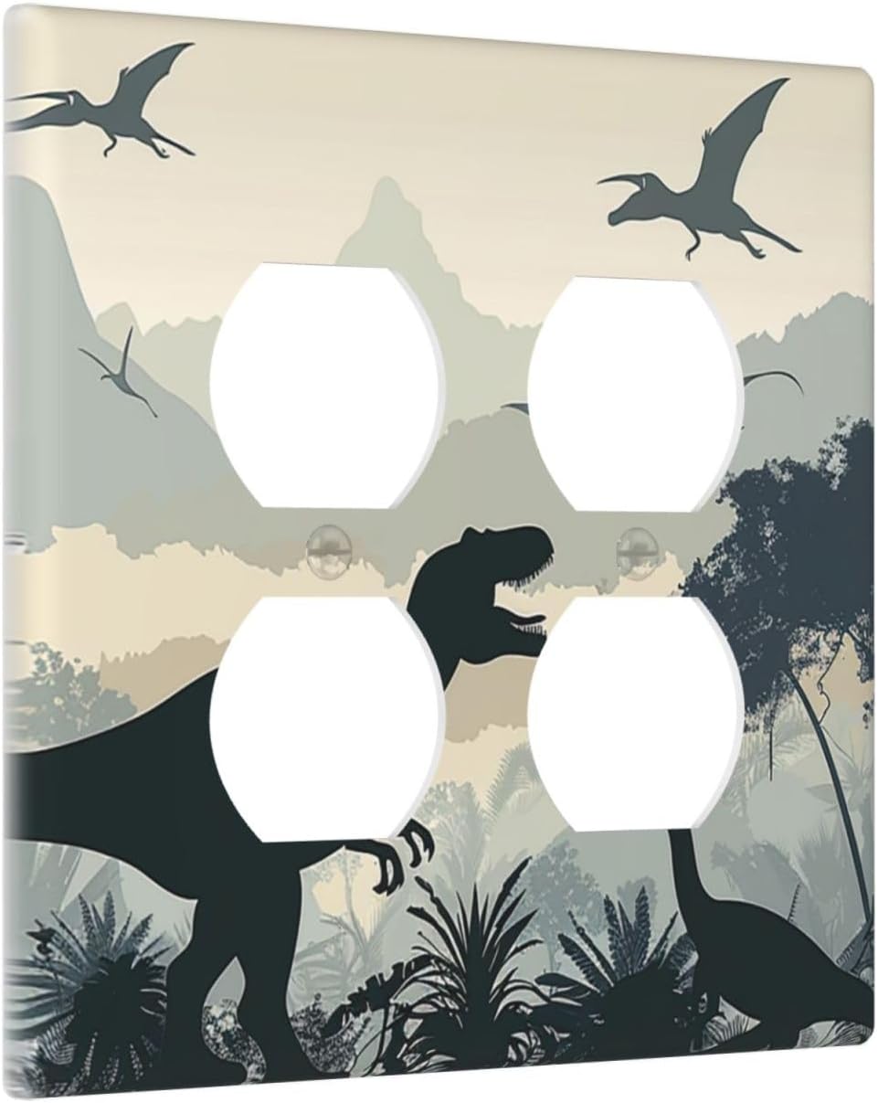 Outlet Covers Prehistoric World Dinosaur Cartoon Fores 2 Gang Double Duplex Decorative Light Switch Covers Electrical Wallplates Socket Faceplate for Kids Room Nursery Decor