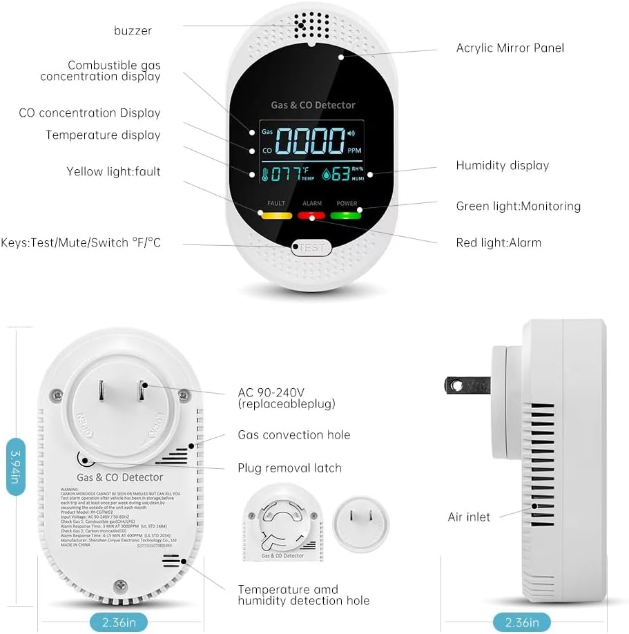 Natural Gas Detector，4-in-1 Carbon Monoxide Detectors Plug in，Combination Gas，Temperature Humidity Display，Carbon Monoxide Detectors & Gas Detector for Home，Apartment，RV