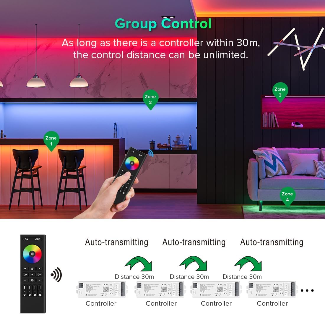 5in1 WB5 2.4GHz WiFi PWM LED Controller Compatible with Alexa Google Home Smart Life Tuya APP for Dimming CCT RGB RGBW RGBCCT LED Strip Light Controller Works with WR01RF WR02RF, DC12V-24V