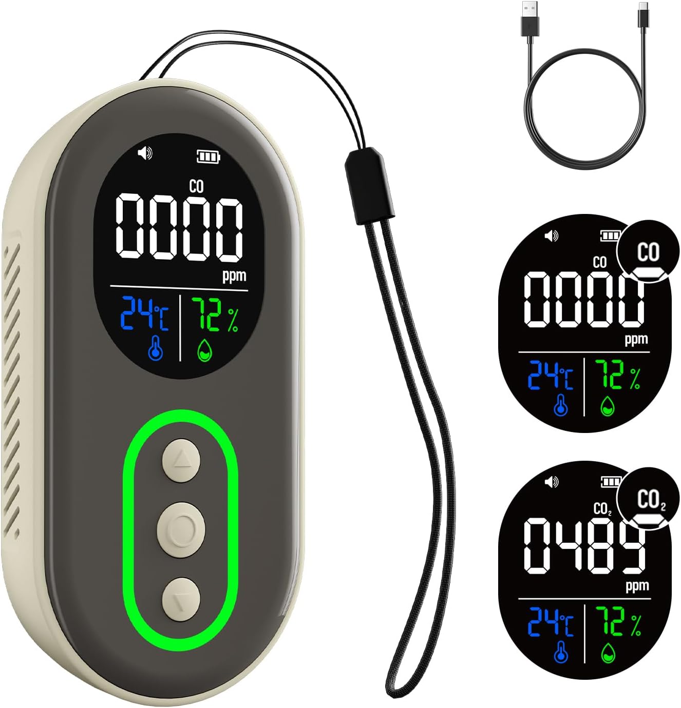 DS-399PRO Carbon Monoxide and Carbon Dioxide Detectors, 4-in-1 Portable CO2 & CO Detector with Audible & Visual Alarm, Rechargeable CO & CO2 Meter for Home, Travel, Camping, Car, 72H Standby