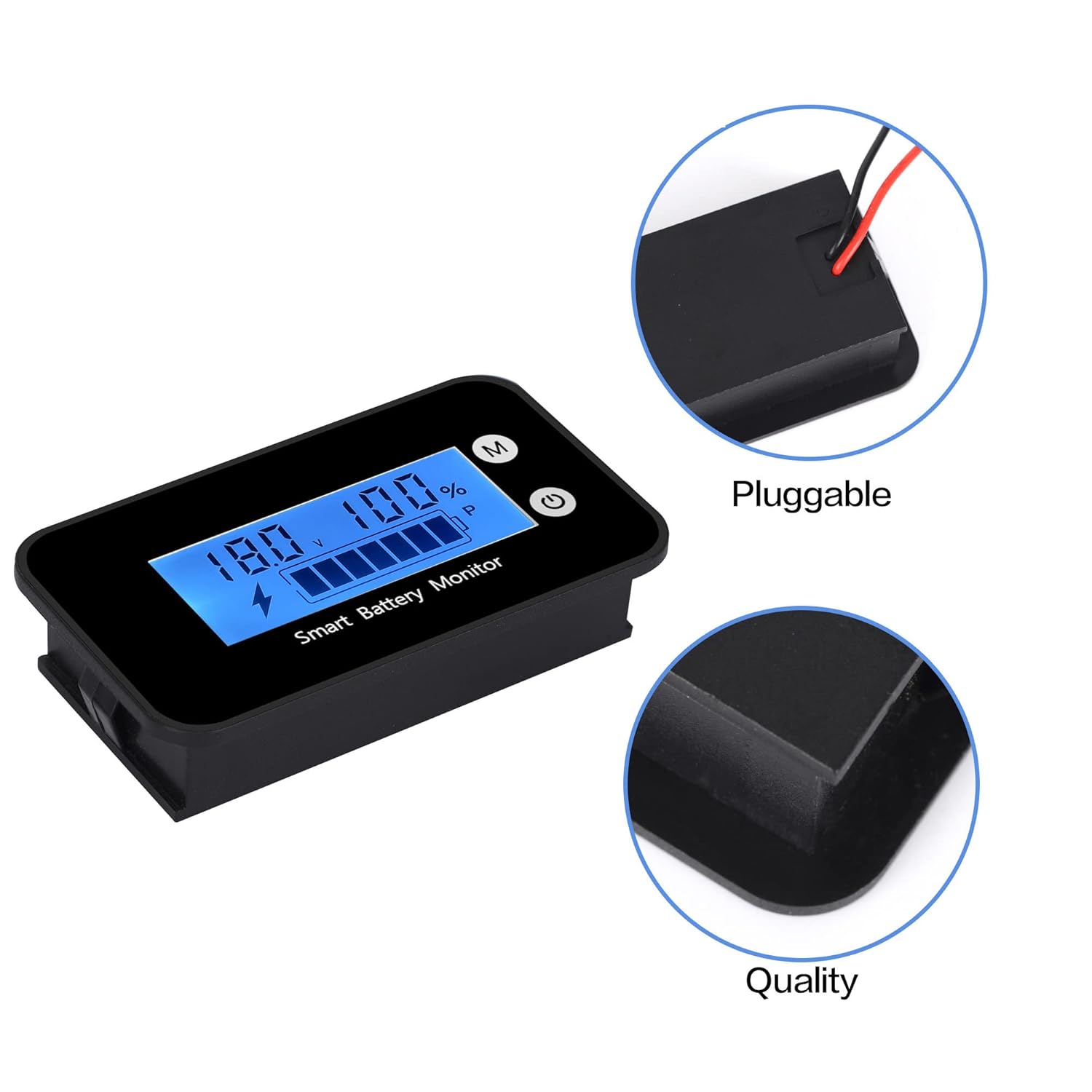 IPX7 Waterproof Battery Monitor with Bracket 7-100V,Car Motorcycle Golf cart Battery Meter Digital Battery Capacity Remaining Capacity Percentage Tester with Buzzer Alarm and Temperature