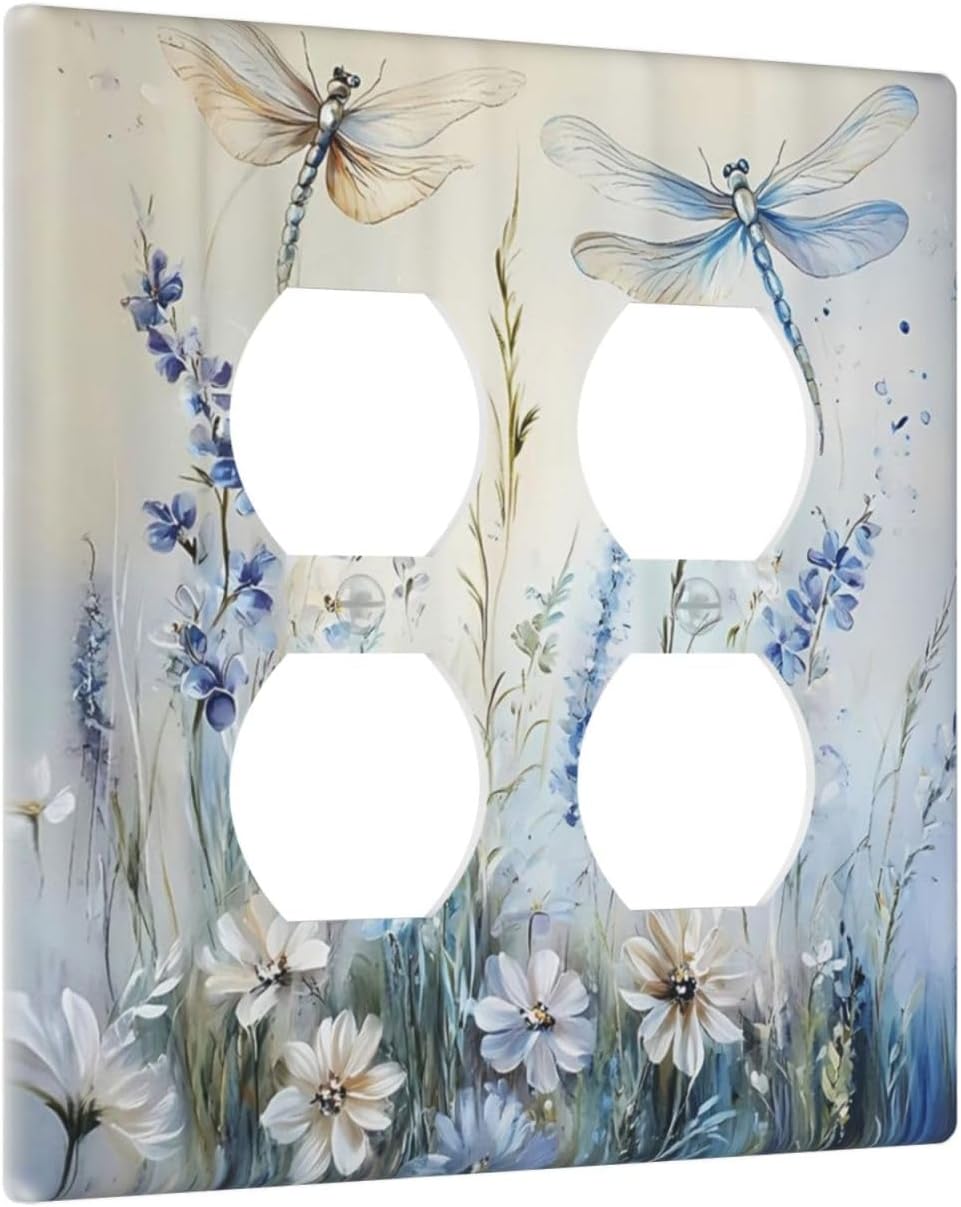 Decorative Outlet Covers Watercolor Dragonfly Blue Wihte Flower 2 Gang Light Switch Cover Plate Double Duplex Wall Plates for Electrical Outlets Switch Plate Covers for Bedroom Home Decor