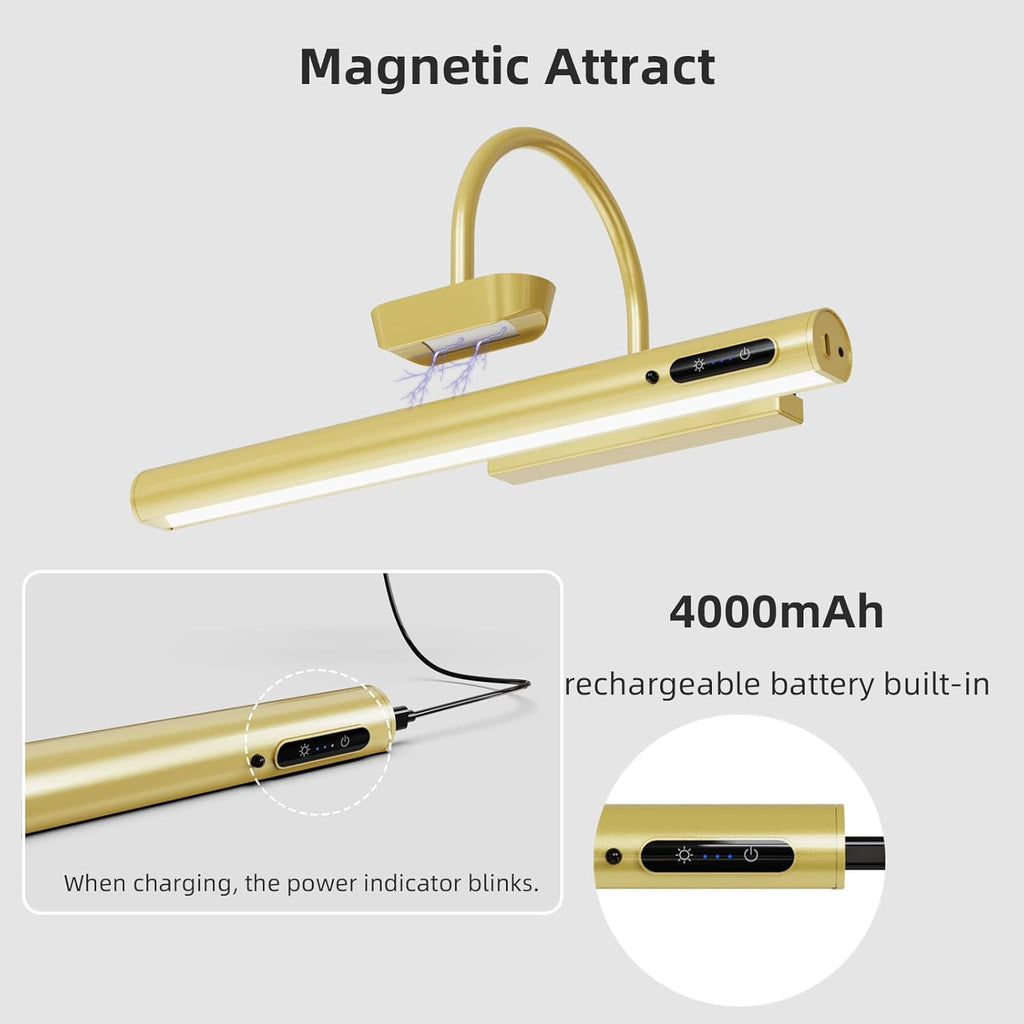 13.8inch Battery Operated Wireless Picture Light，Remote Control Painting Display Lights, Rechargeable Wall Lights with Three Modes and Power Display for Art Frame (13.8in Gold-2set)