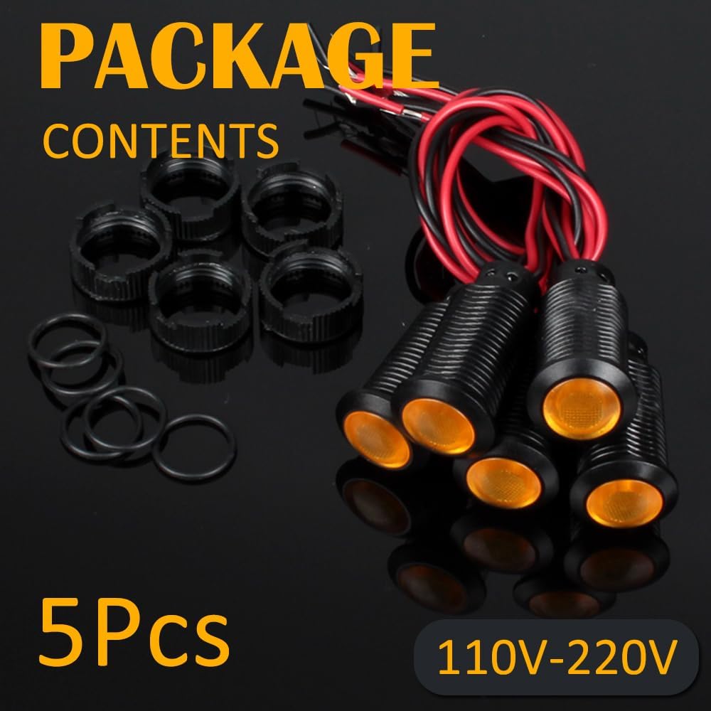 5pcs 12mm LED Indicator Light Plastic Black Signal Dot Lamp 110-220VAC 1/2 inches Mounting Hole Size with 15cm/5.9in. Wire (Yellow LED)
