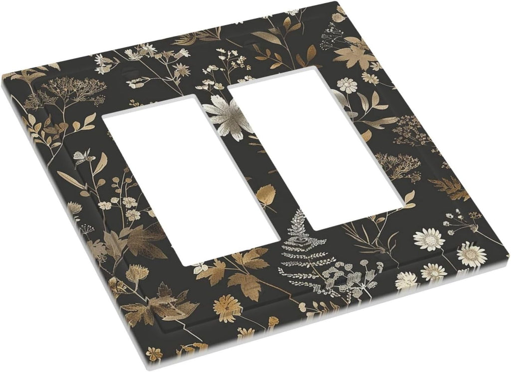 Decorative Outlet Covers Black Gold Floral Dark Leaves Vintage Flowers 2 Gang Double GFCI Rocker Electrical Wall Panels Light Switch Cover Plate for Bed Room Home Decor