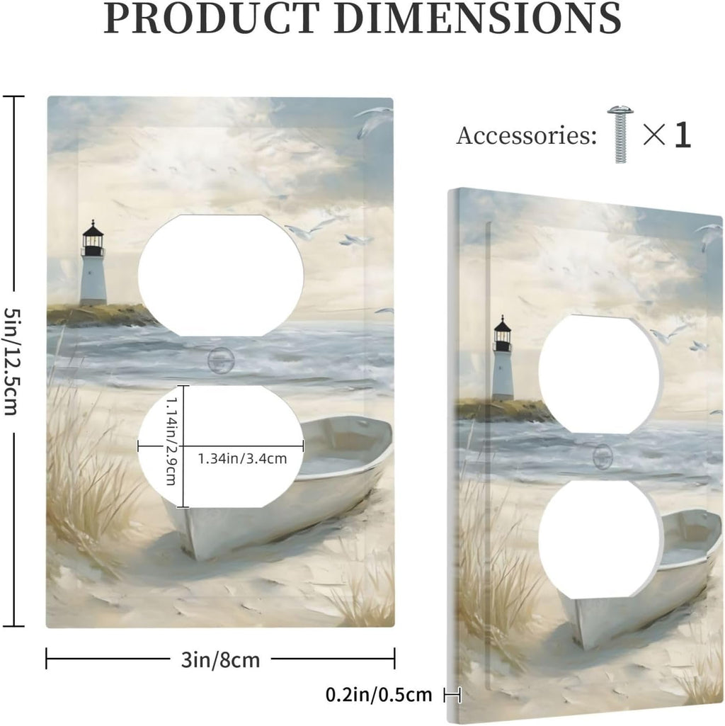 Decorative Outlet Covers Seascape Painting with Lighthouse Boats 1 Gang Duplex Light Switch Cover Plate Unique Wall Plates Switch Plate Cover for Bedroom Home Decor（2 Pack）