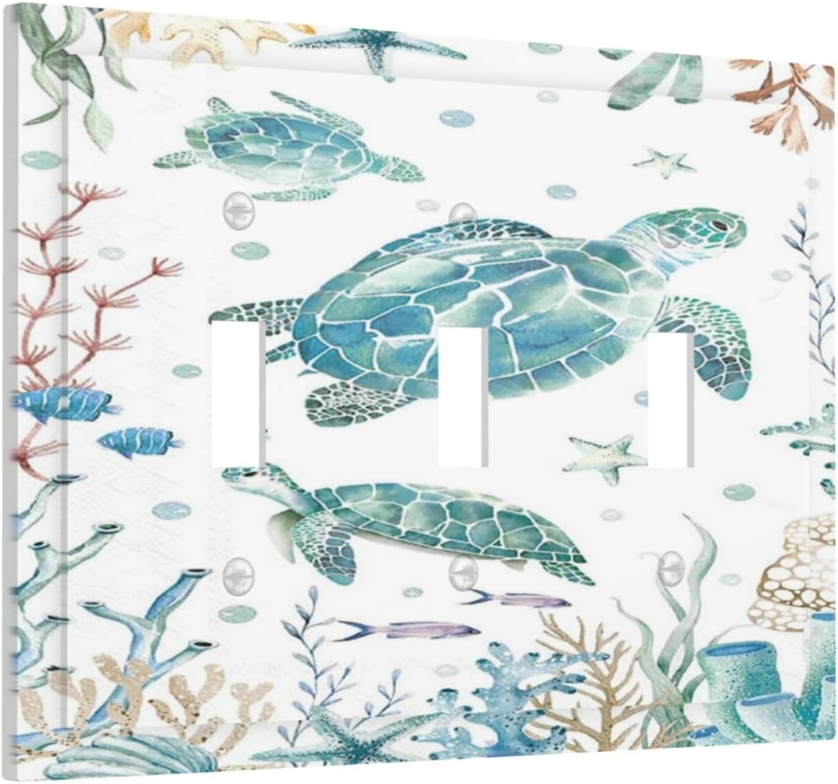 Sea Turtle Ocean Starfish Fish Coral Pearl Decorative Switch Plates 3 Gang Wall Plate Triple Toggle Light Switch Cover Faceplate Electrical Wall Panels for Bathroom Kids Room Decor