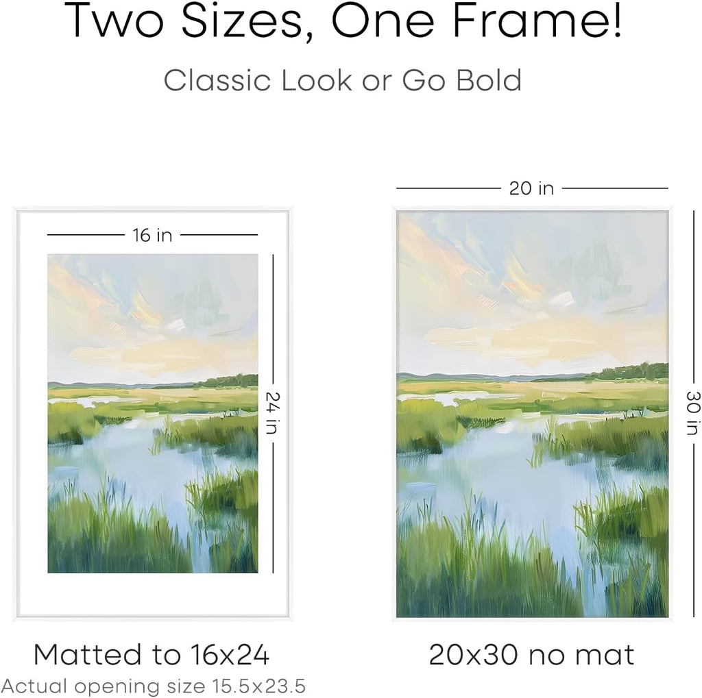 Homeforia 20x30 Poster Frame White, High End Metal 20 x 30 Picture Frames with Mat 16 by 24 inch Photo, 30x20 Large Frame for Wall, 20x30 Thin Frame Matted to 16x24, Tempered Glass, Wall Kit, Set of 1
