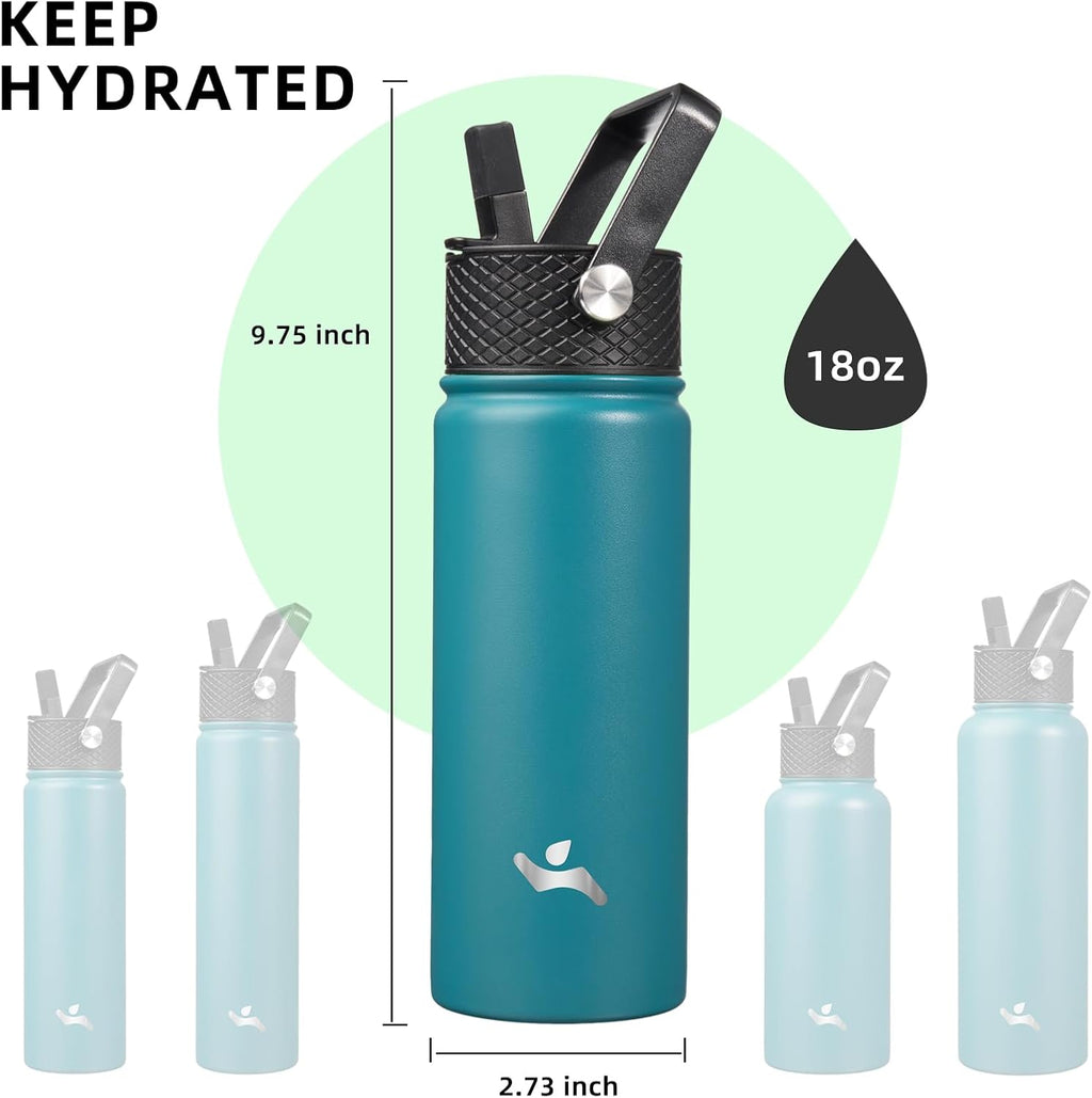 18 oz Insulated Water Bottle Stainless Steel Sport Bottles with 3 Lids,Light Blue