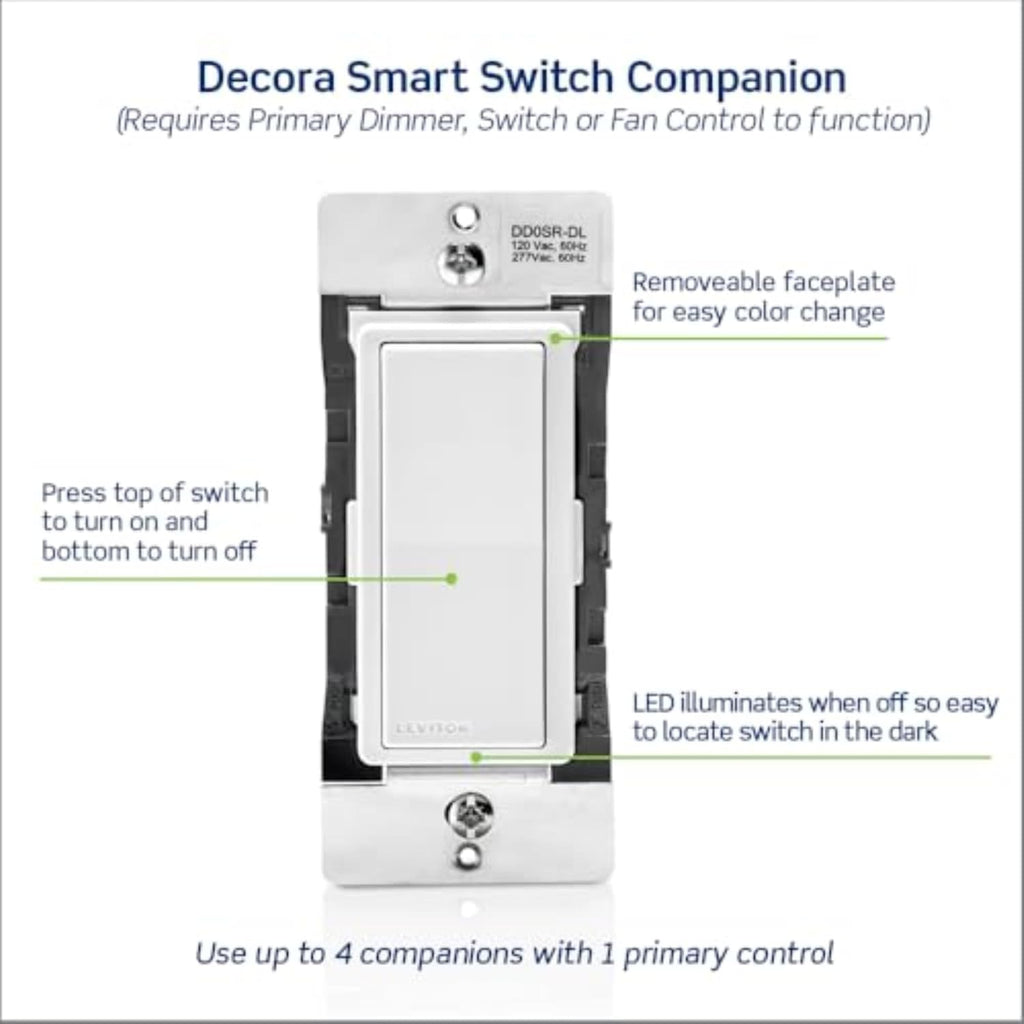 Leviton Decora Smart Switch Companion for Multi-Location Switching with Locator LED (Not for stand-alone use), 120/277VAC, 60Hz DD0SR-DLZ, White, Ivory, Light Almond
