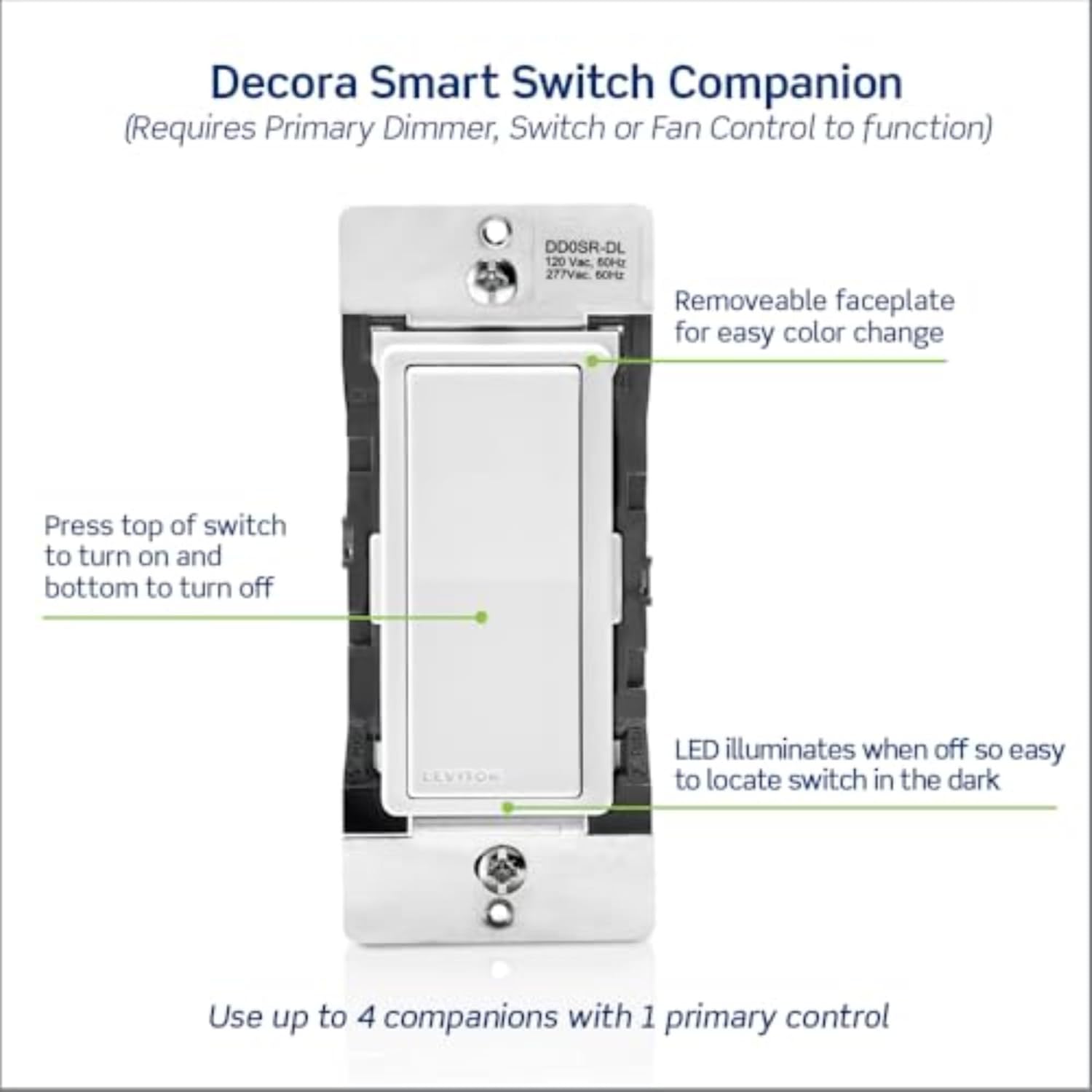 Leviton Decora Smart Switch Companion for Multi-Location Switching with Locator LED (Not for stand-alone use), 120/277VAC, 60Hz DD0SR-DLZ, White, Ivory, Light Almond