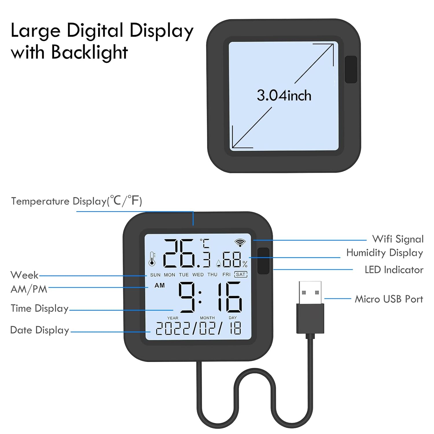 eMylo WiFi Thermometer Hygrometer, Smart IR Remote, Digital Temperature and Humidity Sensor with Backlight, Universal IR Remote Compatible with Alexa and Google Assistant