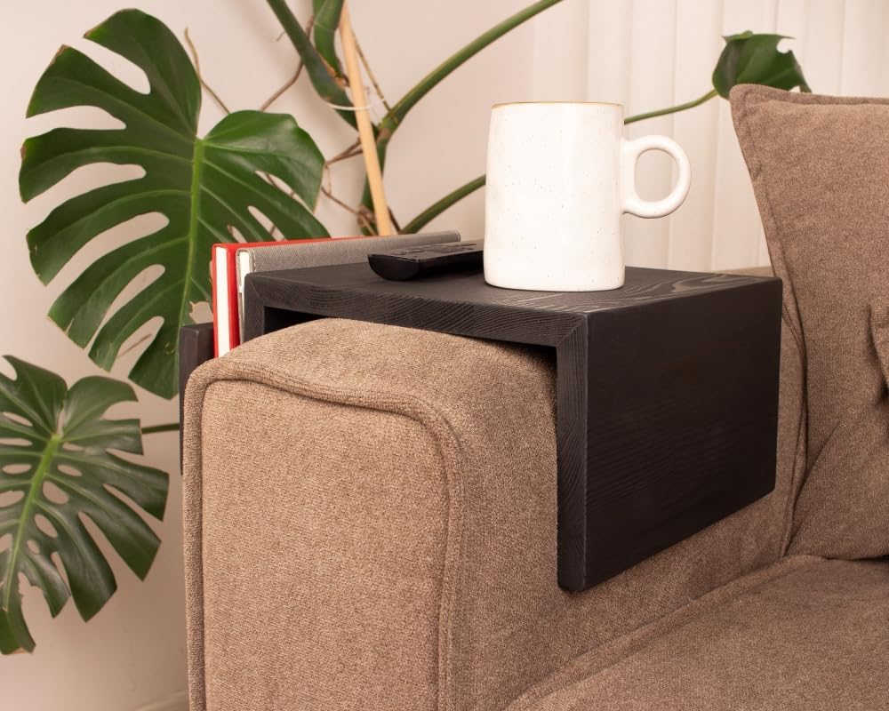 Wooden Couch Arm Tray – Sofa Armrest Table with Book & Magazine Holder, Perfect for Coffee & Remote Control, Solid Wood (Black)