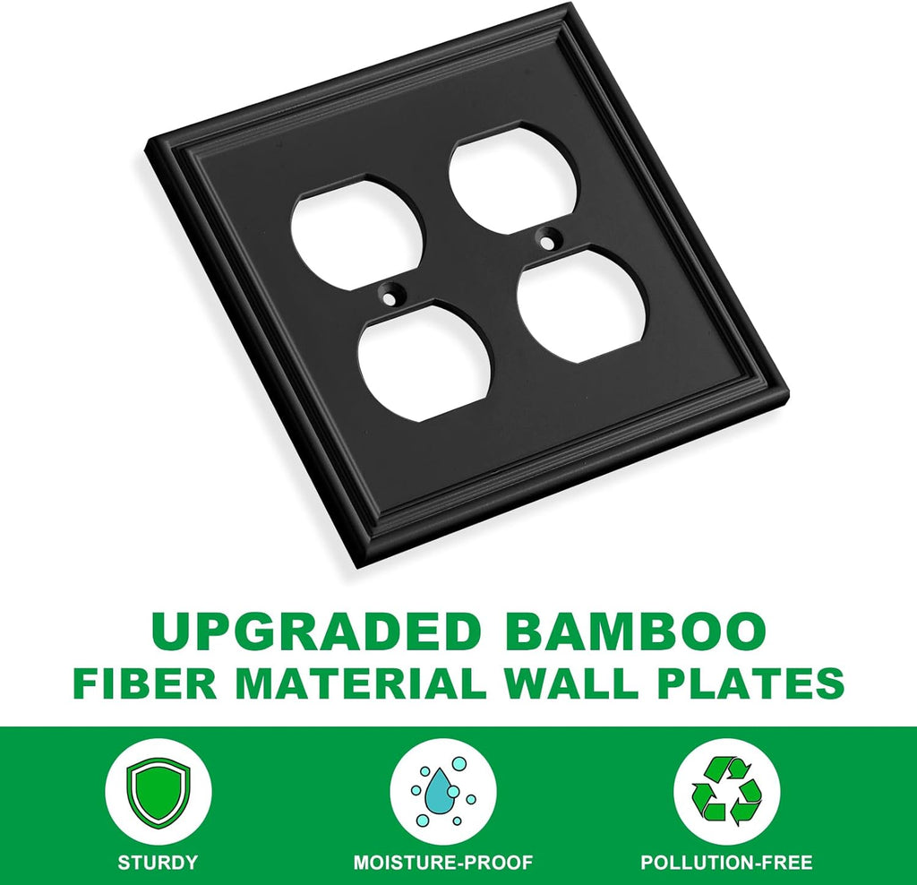 Black Modern Decorative Wall Plate Light Switch Cover Decorator Outlet Covers Rocker Switch Plates Bamboo Fiber Material Wall Plates for Kitchen Bathroom (2 Gang Duplex-2 Pack)