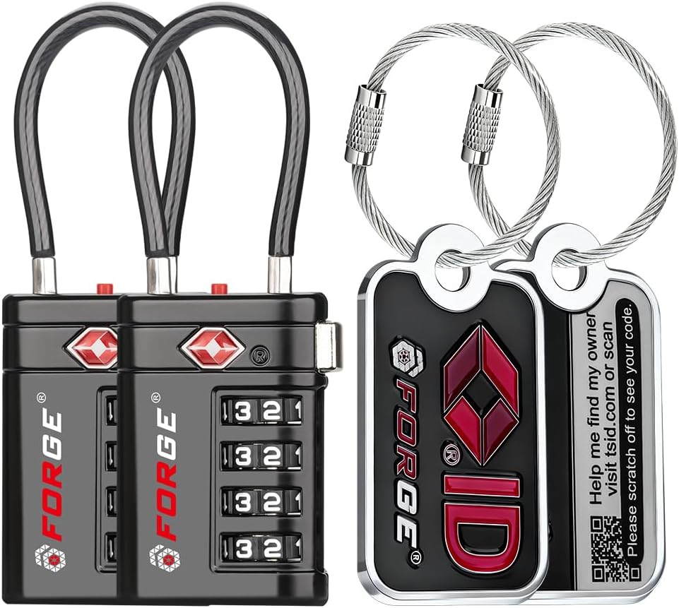 Forge TSA Approved Luggage Locks 4 Digit Combination TSA Travel Locks with TSA008, Open Alert Indicator, Zinc Alloy Body for Luggage, Suitcase, Backpack, and More. 2 Black Locks and 2 TSID.